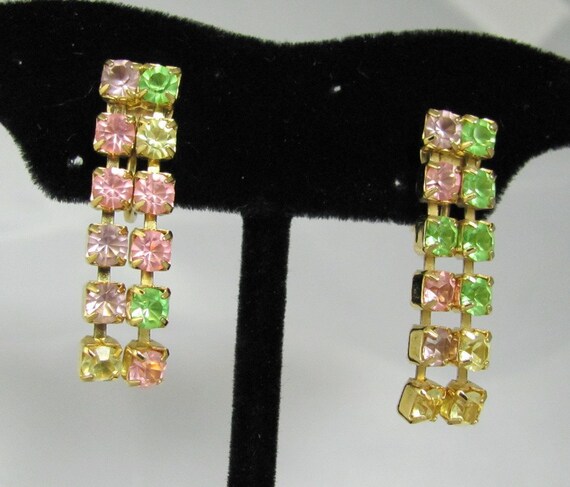 Vintage Multicolored Crystals clip earrings signe… - image 1