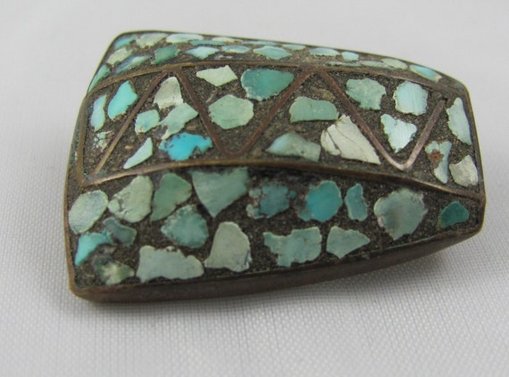 Turquoise Mosaic Vintage brooch pin Geometric  Ar… - image 2