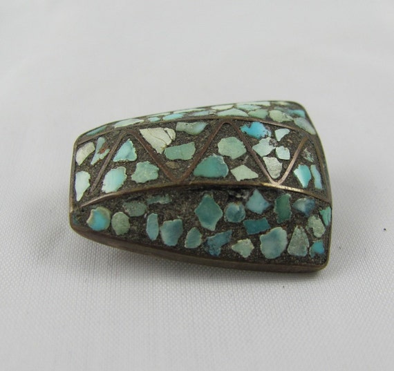 Turquoise Mosaic Vintage brooch pin Geometric  Ar… - image 1