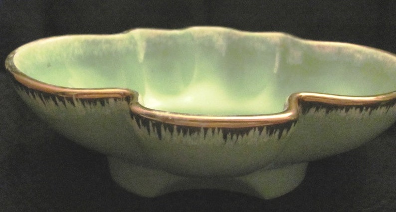 USA Mint Green Decorative Pottery number 602 Gold and White drip rim NICE leaf shape image 1