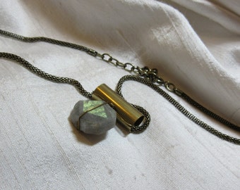 Unique Opalesent Quartz stone Pendant on goldtone metal Necklace Handcrafted