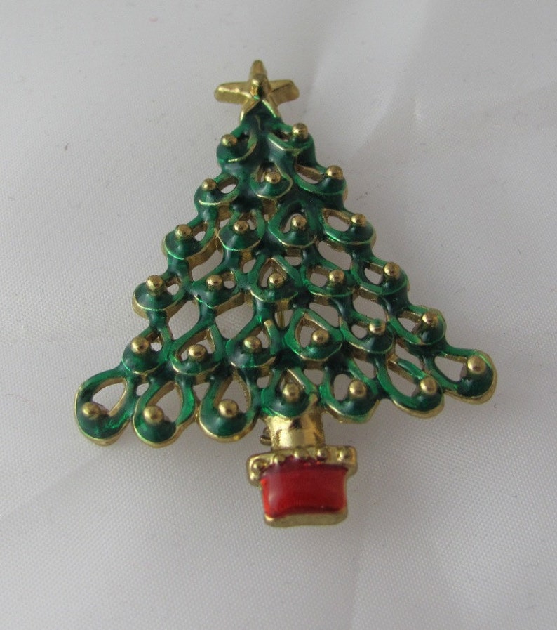 Holiday Christmas Tree with Enamel on a Vintage Brooch pin image 1