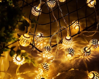 Moroccan Gold Globe Fairy Lights, Warm White LED String Lights, Battery Operated Decorative Lights for Home, Wedding & Party