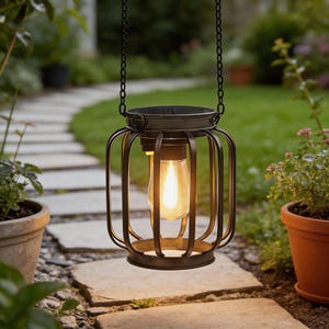 Könnte beinhalten: Eine hängende Solar-Laterne mit warmem, leuchtendem Licht. Die Laterne hat ein dunkles Metallkäfig-Design und wird von einer Kette gehalten. Der Hintergrund zeigt einen Steinweg und Grün, was auf eine Verwendung im Freien hindeutet.