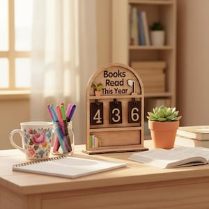 Könnte beinhalten: Ein Holz-Schreibtisch-Organizer mit dem Text "Books Read This Year" und der Zahl "436". Eine Blumenvase, ein Glas mit Stiften, eine Sukkulente in einem Terrakotta-Topf und ein Notizbuch befinden sich ebenfalls auf dem Schreibtisch.