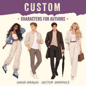 以下が含まれることがあります： CUSTOM CHARACTERS FOR AUTHORSおよびHAND-DRAWN VECTOR GRAPHICSというテキストが記載された、4人のキャラクターのデジタルイラスト。ローラーブレードを履いた人物、ベージュのシャツを着た人物、コートを着た人物、スーツを着た人物が描かれています。
