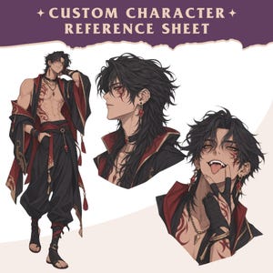 May include: A custom character reference sheet featuring a dark-haired individual with red facial markings, wearing a black and red open robe, loose trousers, and sandals. The sheet displays a full-body view and two headshots with varied expressions.