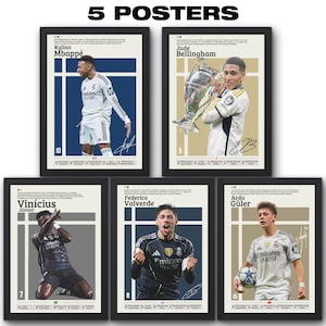May include: A set of five framed posters featuring professional soccer players Kylian Mbappé, Jude Bellingham, Vinícius Júnior, Federico Valverde, and Arda Güler. Each poster includes a player portrait, name, jersey number, signature, and career statistics.