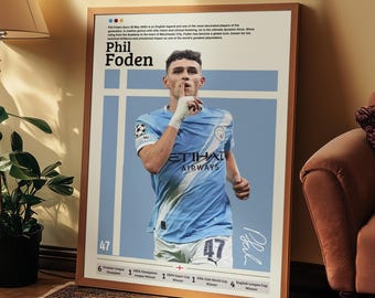 Phil Foden Poster | Manchester City Wall Art | England Soccer Print | Football Gift Decor