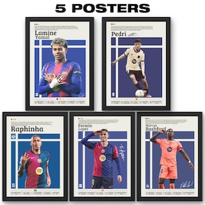 Puede incluir: Cinco pósteres enmarcados con los futbolistas Lamine Yamal, Pedri, Raphinha, Fermin Lopez y Marcus Rashford. Cada póster presenta un retrato, el nombre y el número del jugador, sobre un fondo azul y blanco.
