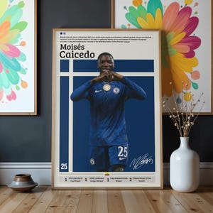 May include: A framed poster featuring Moisés Caicedo in a blue Chelsea jersey, with the number 25. The poster includes text about his achievements and a signature. The background is a gradient of blue. Additional framed art pieces are visible.