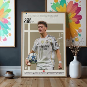 May include: A framed poster featuring Arda Güler in a Real Madrid jersey, holding a soccer ball. The poster includes the text "Arda Güler" and "Emirates FLY BETTER". The poster is displayed on a wooden floor.