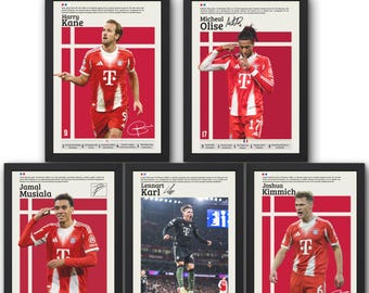 May include: Five framed posters showcasing soccer players in red and white kits. Each poster includes a player's portrait, name, and number. The posters are in black frames, set against a white backdrop, with the text '5 POSTERS' at the top.