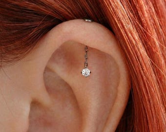 Pendiente colgante de cadena de hélice vertical de titanio/Joyería de perforación de torre oculta de 16 y 18 g/Perno prisionero con rosca interna y parte posterior plana/Cartílago hipoalergénico