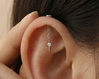 Titan Vertikale Helix Kette Stern baumeln Ohrring | 16G versteckter Turm-Piercing-Schmuck Fadenlose flache Rückseite Bolzen | Hypoallergener Knorpel