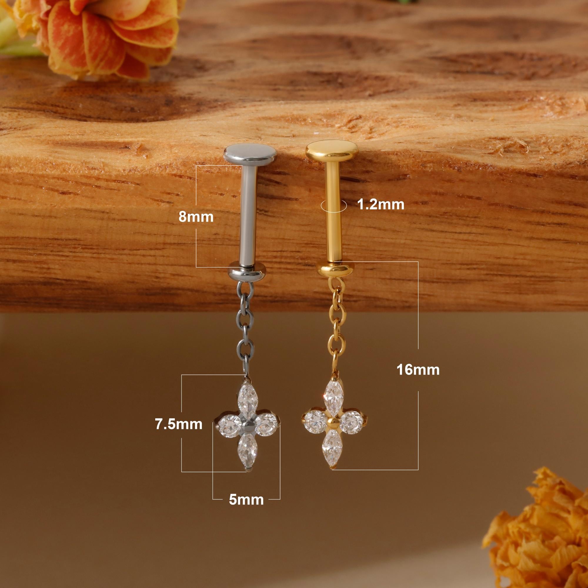 Titanium Vertical Helix Chain Flower Dangle Earring| 16G Hidden Rook ...