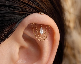 Pendiente colgante de titanio con cadena de hélice vertical y circonitas cúbicas / Joyería para piercing de rook oculto de 16G / Pendiente plano sin rosca / Hipoalergénico e impermeable