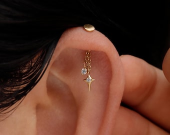 Titanium verticale helix ketting ster hangende oorbel | Verborgen helix piercing sieraad | Schroefloze platte achterkant | Hypoallergeen waterdicht rook