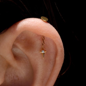Titanörhänge med vertikal helixkedja och stjärna | 16G dold piercing med spiral | Trådlös platt baksida | Hypoallergen brosk
