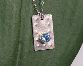 Blue Topaz Necklace, Sterling Silver Rectangle Pendant, Textured Silver Jewelry
