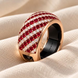 Oura Ring Jacket Enhancer Cover, 925 Sterling Silver Moissanite Ruby Red and White Pavé Stones, Wide Band Luxury Smart Ring Accessory