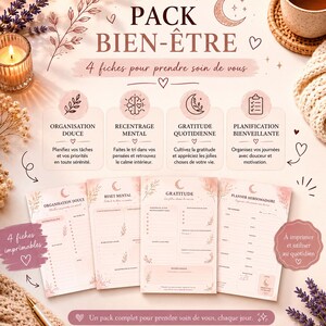 Peut inclure: Un pack bien-être composé de quatre fiches imprimables illustrées de motifs floraux et lunaires dans des tons rose pâle. Les fiches incluent des sections pour l'organisation, le recentrage mental, la gratitude et la planification hebdomadaire.