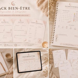 Op de afbeelding: Een verzameling afdrukbare zelfzorgpagina's en een spiraalgebonden journal. De pagina's hebben een zacht, neutraal kleurenpalet met bloemen- en maanillustraties. Het journal bevat een stemmingsmeter en ruimte voor notities.