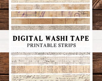 Digital Washi Tape Strips, Printable Handwritten Vintage Documents, Antique Letters, Script Text, DIY