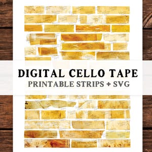Puede incluir: Cinta de celo digital, tiras imprimibles y archivos SVG. La imagen muestra un diseño de pared de ladrillos en tonos amarillos y marrones. El texto "DIGITAL CELLO TAPE PRINTABLE STRIPS + SVG" se muestra en negro.