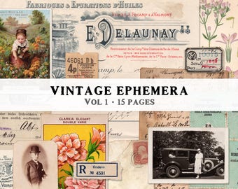 Vintage Ephemera Vol 1 Printable Pack, Digital Set of 15 Pages, Old Paper, French Invoices, Letters, Victorian Postcards