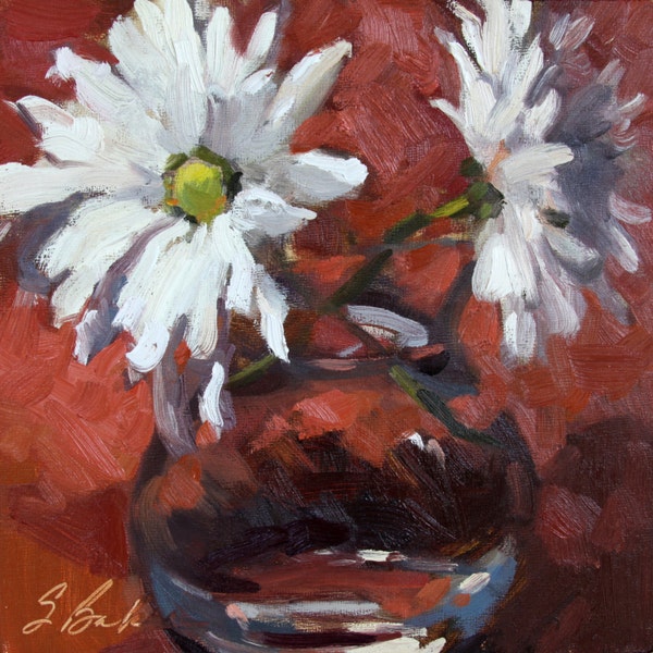 Still life floral painting, Still Life with Daisies, 8" x 8", oil painting on .75" deep wood panel, wired and ready to hang