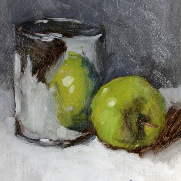 Still life painting, Apple Still Life Grey and Green, 7" x 7", oil painting on mounted linen canvas