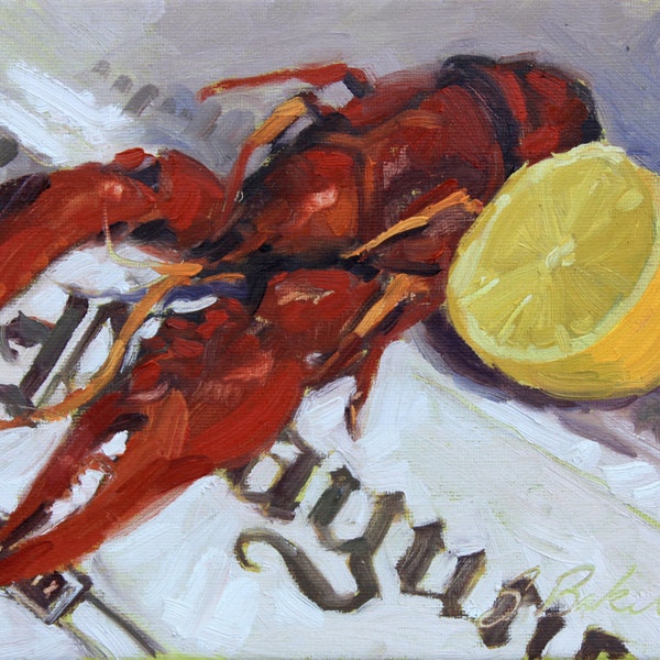 Crawfish on a Times Picayune, New Orleans, Louisiana, 8" x 10", still life painting, oil painting on canvas