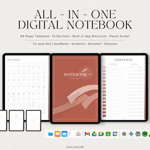 Hyperlinked Digital Notebook for iPad | 64 Templates, 150 Sections & App Shortcuts | Peach Sorbet