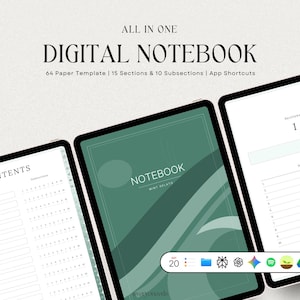 May include: Digital notebook displayed on three tablets. The text "ALL IN ONE DIGITAL NOTEBOOK" is at the top. The notebook features 64 paper templates, 15 sections, and 10 subsections. The notebook's cover is mint green with white accents.