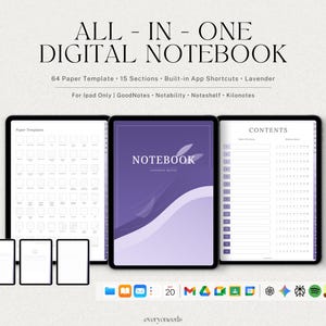 Hyperlinked Digital Notebook for iPad | 64 Templates, 150 Sections & App Shortcuts | Lavender Breeze