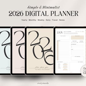May include: Four tablets displaying a 2026 digital planner. The first three show the year 2026 in a minimalist style, with "Yearly Planner" text. The fourth tablet shows a daily planner layout. The text "Simple & Minimalist" and "Pastel Color Edition" are also visible.