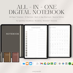 Hyperlinked Digital Notebook for iPad | 64 Templates, 150 Sections & App Shortcuts | Neutral