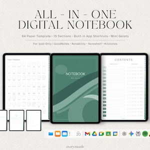 Carnet numérique hyperlié pour iPad | 64 modèles, 150 sections et raccourcis d'applications | Menthe glacée