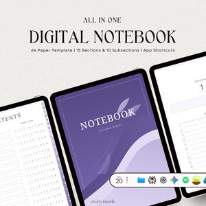 May include: Digital notebook displayed on three tablets. The cover of the notebook is purple with the word "NOTEBOOK" and the text "LAVENDER BREEZE". The tablets also show a contents page and a section page. The text reads "ALL IN ONE DIGITAL NOTEBOOK".