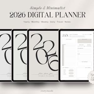 May include: Digital planner for 2026 displayed on tablets. The design is minimalist with the text "2026 DIGITAL PLANNER" and "Yearly Monthly Weekly Daily Travel Notes". The planner is in a neutral color edition. The word "JAN" is visible on one of the tablets.