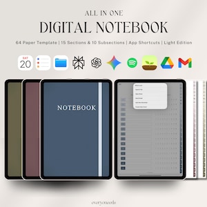 May include: Digital notebook with a blue cover and the word "NOTEBOOK" in white. The image includes icons and text: "ALL IN ONE DIGITAL NOTEBOOK" and "64 Paper Template | 15 Sections & 10 Subsections | App Shortcuts | Light Edition".