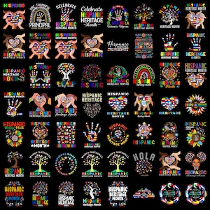 May include: A collection of graphic designs celebrating Hispanic Heritage Month on a black background. The images feature colorful illustrations of hands forming hearts, trees, rainbows, and sunflowers, all filled with various national flags.