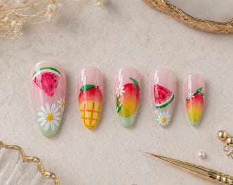 Tropical Fruit Press On Nails Almond Shape Glue On Nails Pineapple Watermelon Design Summer Gel Nails Reusable Set
