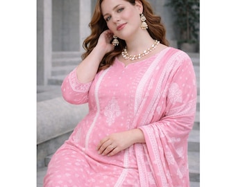 Spodnie salwar kameez z czystej bawełny batystowej dla kobiet o większych rozmiarach, z nadrukiem na górze i dupattą, letni strój etniczny w stylu indyjskim i pendżabskim
