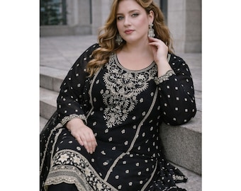 Conjunto de kurta tradicional negra bordada con dupatta, ropa étnica india y pakistaní para mujer, vestidos para el festival Eid Ramzan