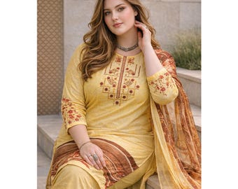 Yellow Printed Cotton Salwar Kameez with Chiffon Dupatta, Plus-Free Size Ready to Wear Shalwar Suit Women's Traditional Wear Dress