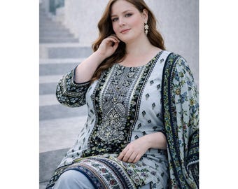 Indian Pakistani Ready to Wear Salwar Kameez with Dupatta, Premium Soft Cotton Digital Style Print with Heavy Embroidery Work Dress