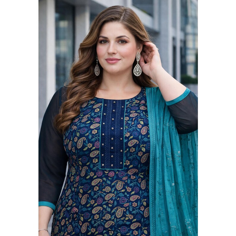 Kurti Set for Women with Dupatta and Matching Pants, Indian Ethnic Salwar Kameez Suit, Elegant Long Straight Kurta With Floral Design, Festive Wear, Party Wear, Office Wear Ethnic Outfit, Vishnu Designer Dress Material, Traditional Indian Women Clothing, Stylish Kurta Pant Dupatta Set
