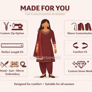 May include: Illustration of a woman in a maroon salwar kameez, with customization options. The image includes text: "MADE FOR YOU, Full Customization Available." Features include custom zip, sleeve, and stone work, perfect length, comfort fit, and embroidery.